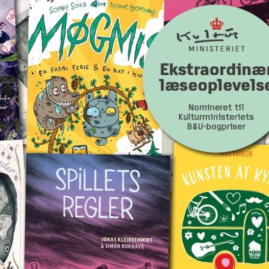 Kulturministeriet: Forsider på de nominerede bøger. Forlag: Gyldendal, Carlsen, Høst & Søn og Gads Forlag. 