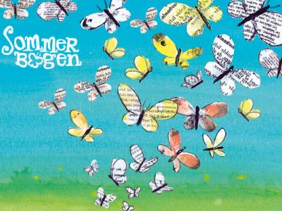 Illustration med papirklip-butterflies af bogsider, der flyver over en blå himmel og grøn mark – med teksten ‘Sommerbogen’.