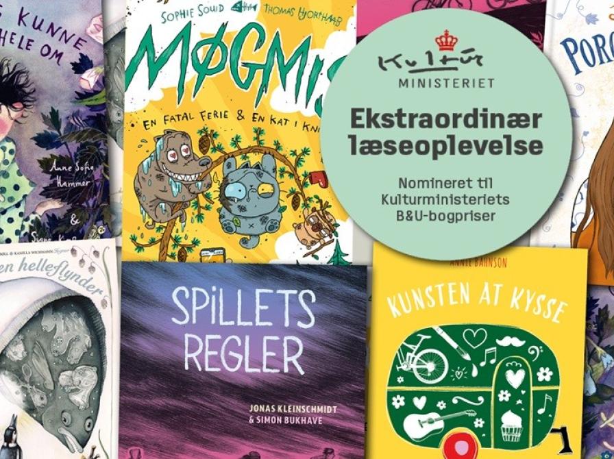 Kulturministeriet: Forsider på de nominerede bøger. Forlag: Gyldendal, Carlsen, Høst & Søn og Gads Forlag. 
